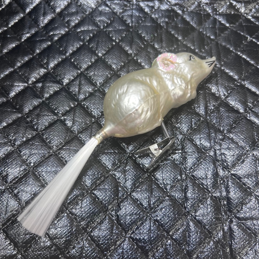Vintage Pearl White Glass Mouse Christmas Ornament Spun Glass Tail Clip On